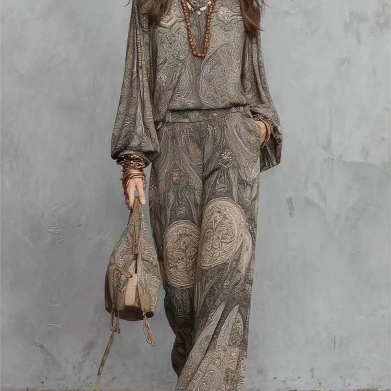 Ethnic Fashion Collection - 보헤미안 페이즐리 프린트 여성용 투피스 세트,