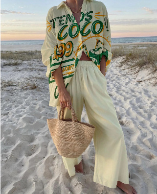 캐주얼 boho 인쇄 2 조각 세트 느슨한 옷깃 긴 소 - Ethnic Fashion Collection 리뷰 및 가격