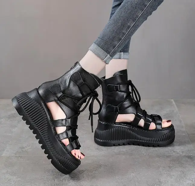 8CM 에스닉 소 가죽 앵클 부츠 여성용 속굽 플랫폼  - Ethnic Fashion Women 리뷰 및 가격