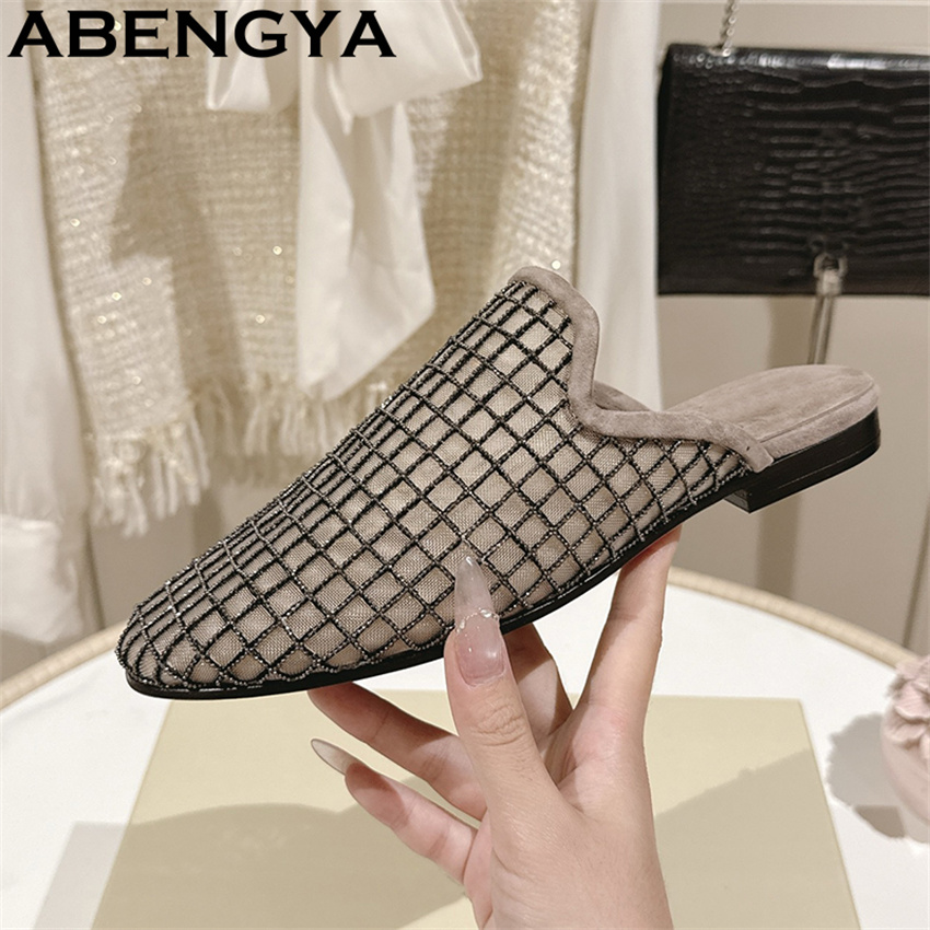 반짝이는 레이스 메쉬 라운드 토 플랫 슬리퍼 여성용 블 - Ethnic Fashion Women 리뷰 및 가격