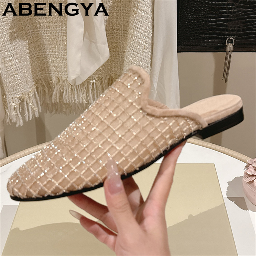 반짝이는 레이스 메쉬 라운드 토 플랫 슬리퍼 여성용 블 - Ethnic Fashion Women 리뷰 및 가격