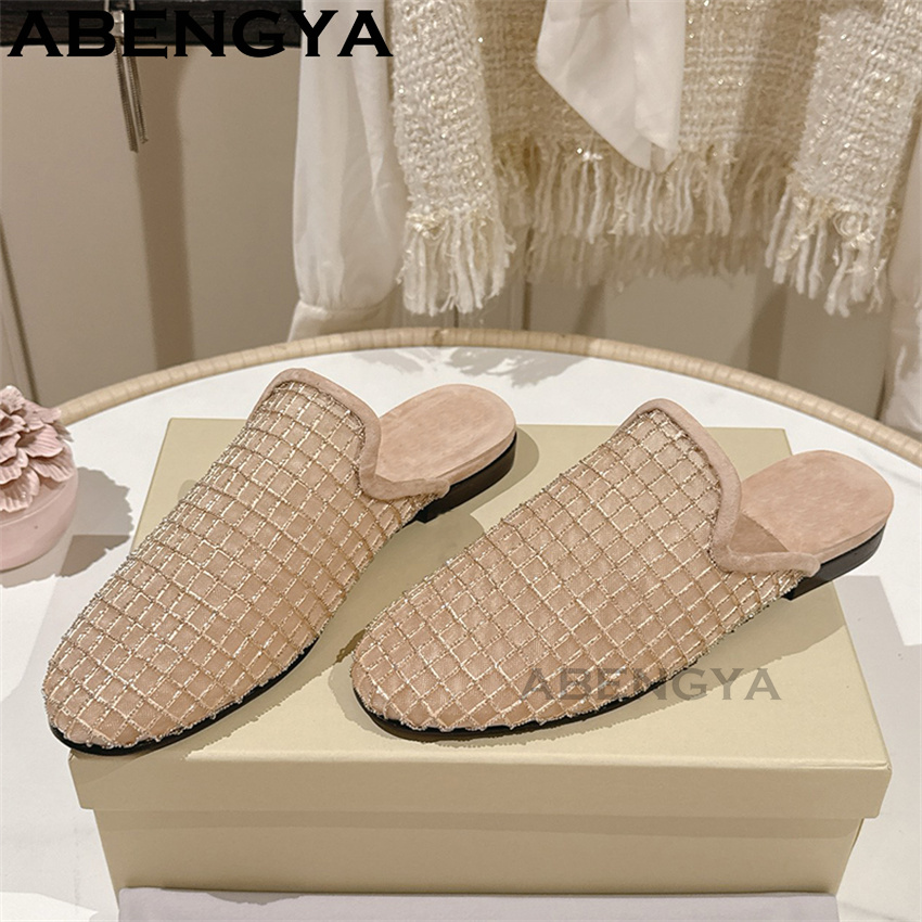 반짝이는 레이스 메쉬 라운드 토 플랫 슬리퍼 여성용 블 - Ethnic Fashion Women 리뷰 및 가격