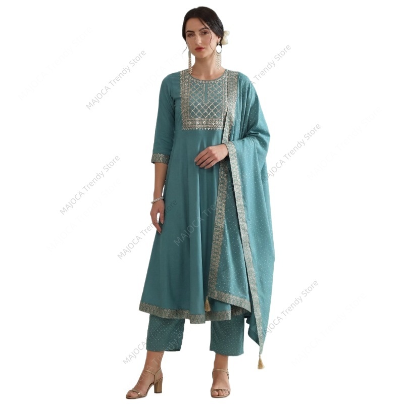 공작새 블루 인도 여성 3피스 세트 자수 아나칼리 쿠르 - Salwar Kameez Set 리뷰 및 가격