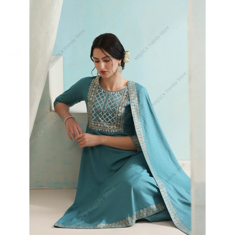 공작새 블루 인도 여성 3피스 세트 자수 아나칼리 쿠르 - Salwar Kameez Set 리뷰 및 가격