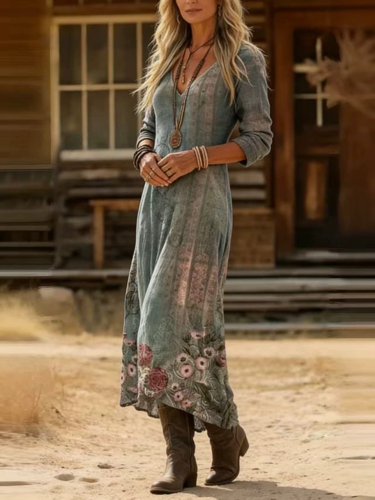 여성용 빈티지 컬러풀 플로럴 아트 프린트 드레스 - 보 - Ethnic Fashion Wear 리뷰 및 가격