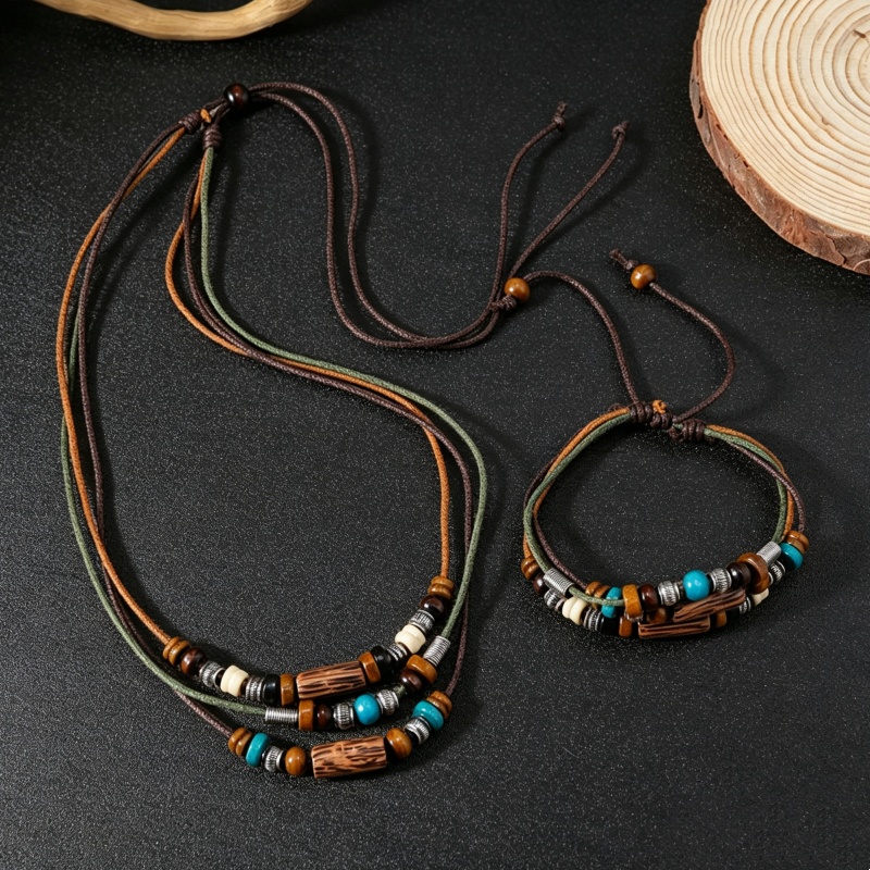 빈티지 2겹 인조 가죽 왁스 로프 주얼리 세트 나무 펜 - Ethnic Wear Men'S Fashion 리뷰 및 가격