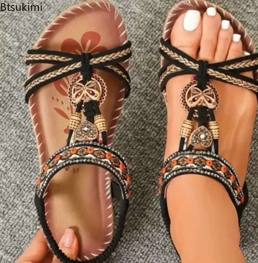 여성 보헤미안 샌들 야외 해변 드레스 캐주얼 슈즈 플랫 - Ethnic Fashion Women 리뷰 및 가격